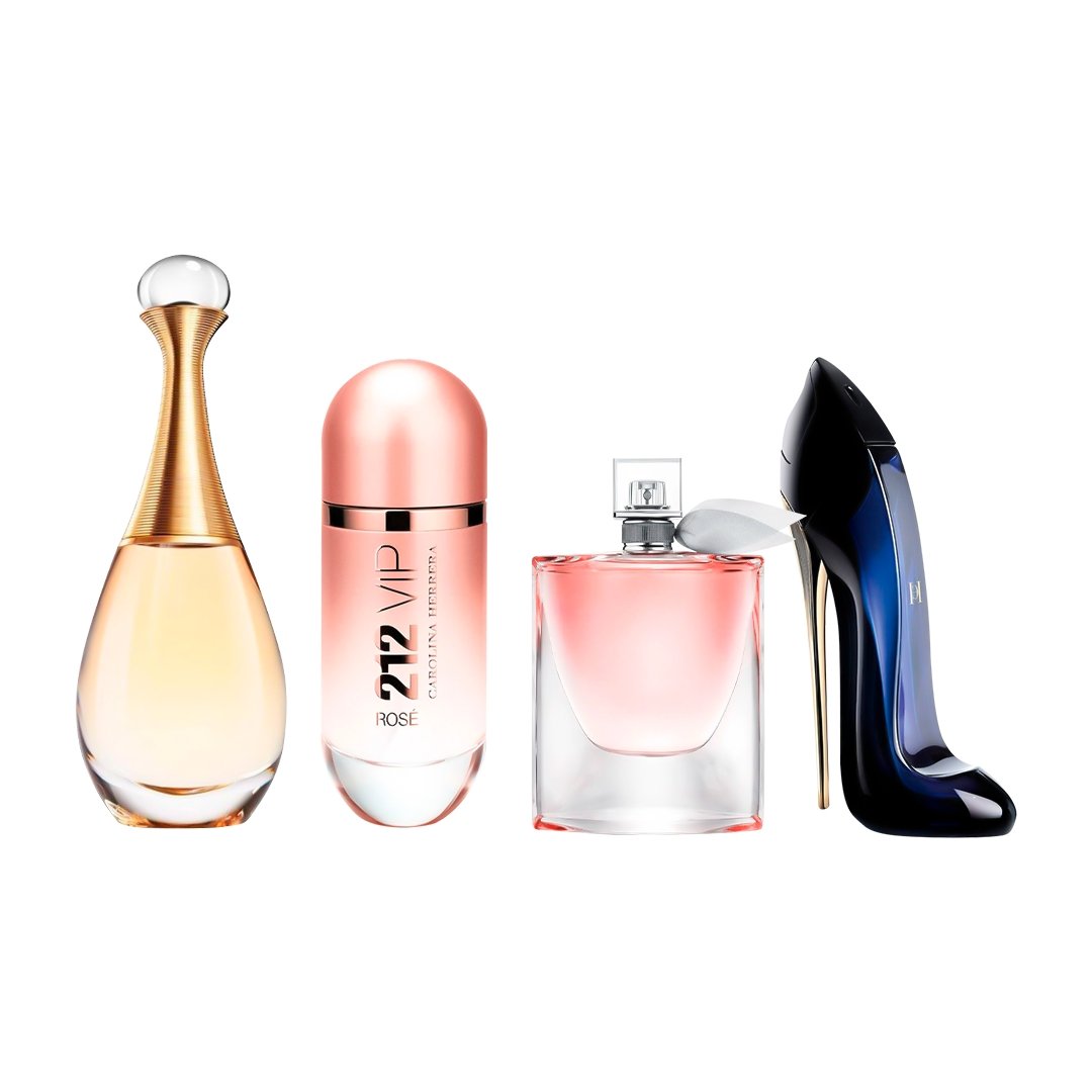 Combo de 4 Perfumes Femininos - J'adore, 212 VIP Rosé, La Vie est Belle e Good Girl