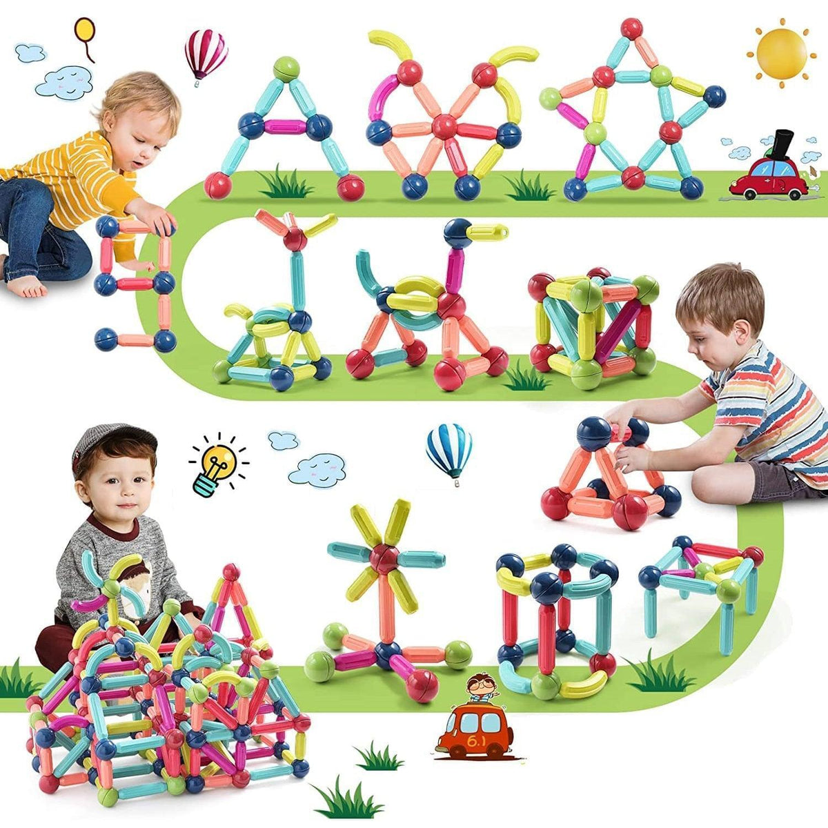 Conjunto Magnético de Bolas ímã Vara Construção 128Pecas Montessori Brinquedos Educativos Para Presente Das Crianças